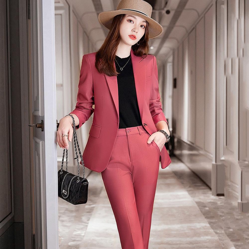 2 Piece Set Women Pant Suit Office Lady Jacket Blazer And Trousers