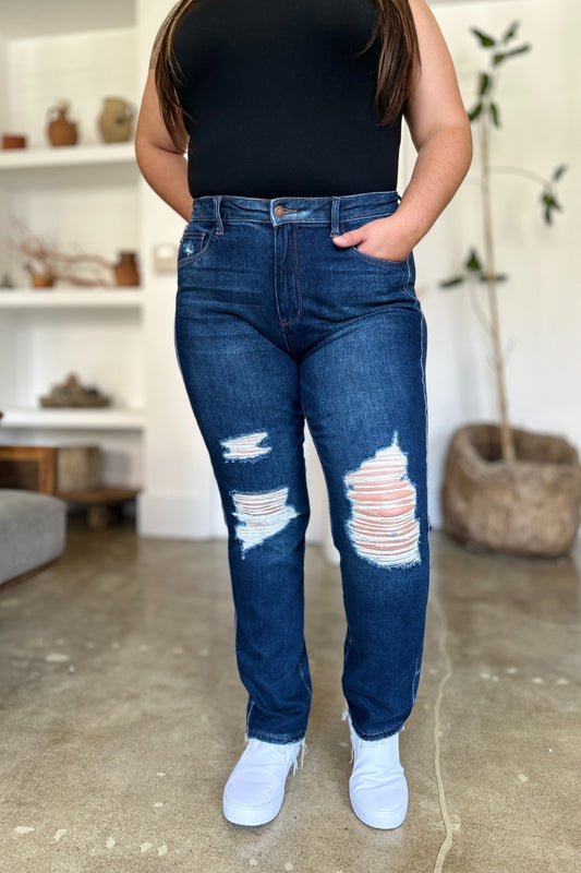 Full Size High Waist Rigid Magic  Distress Straight Jeans