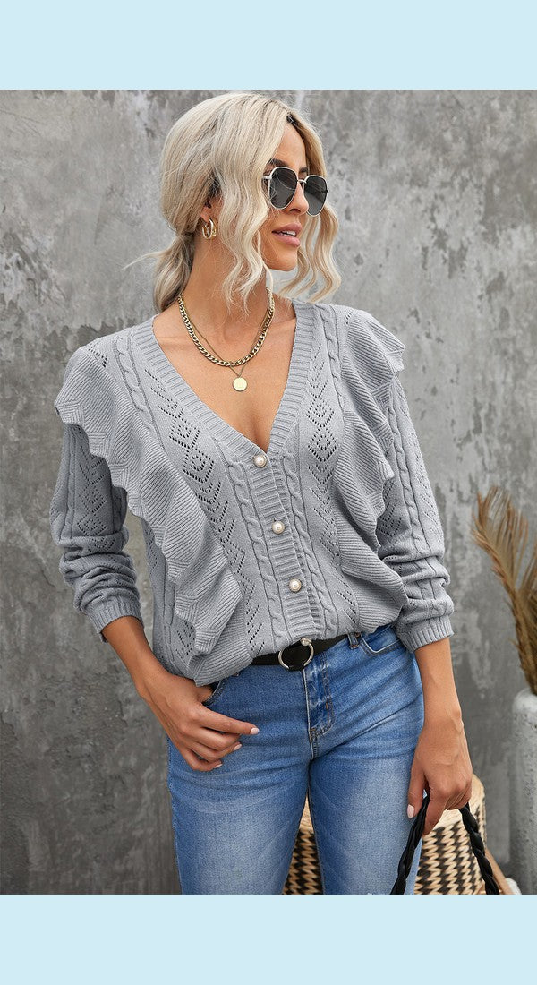 Button Front Ruffle Trim V-Neck Cardigan