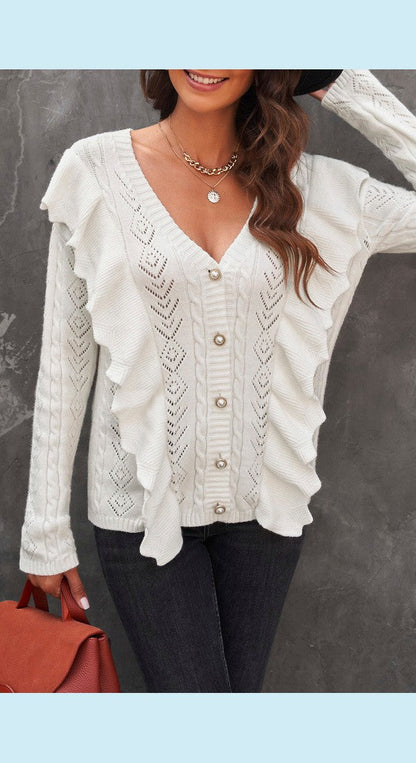 Button Front Ruffle Trim V-Neck Cardigan