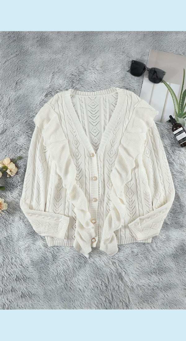 Button Front Ruffle Trim V-Neck Cardigan