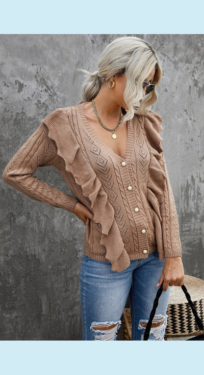 Button Front Ruffle Trim V-Neck Cardigan