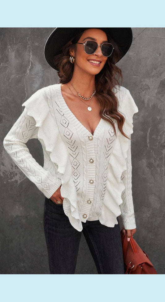 Button Front Ruffle Trim V-Neck Cardigan