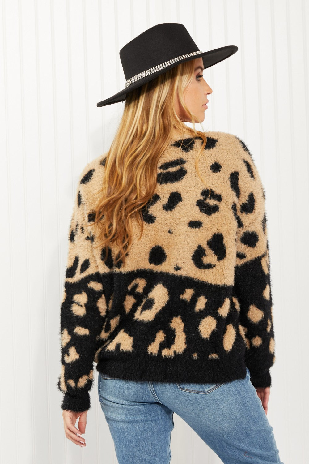 CY Fashion Full Size Leopard V-Neck Fuzzy Sweater