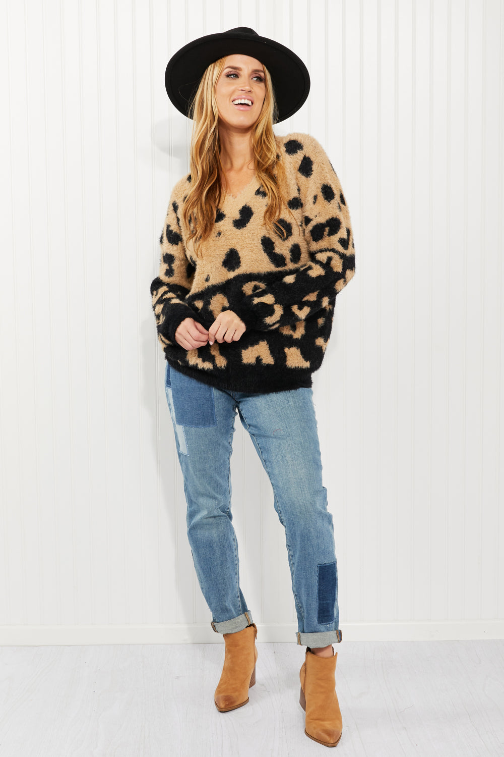 CY Fashion Full Size Leopard V-Neck Fuzzy Sweater