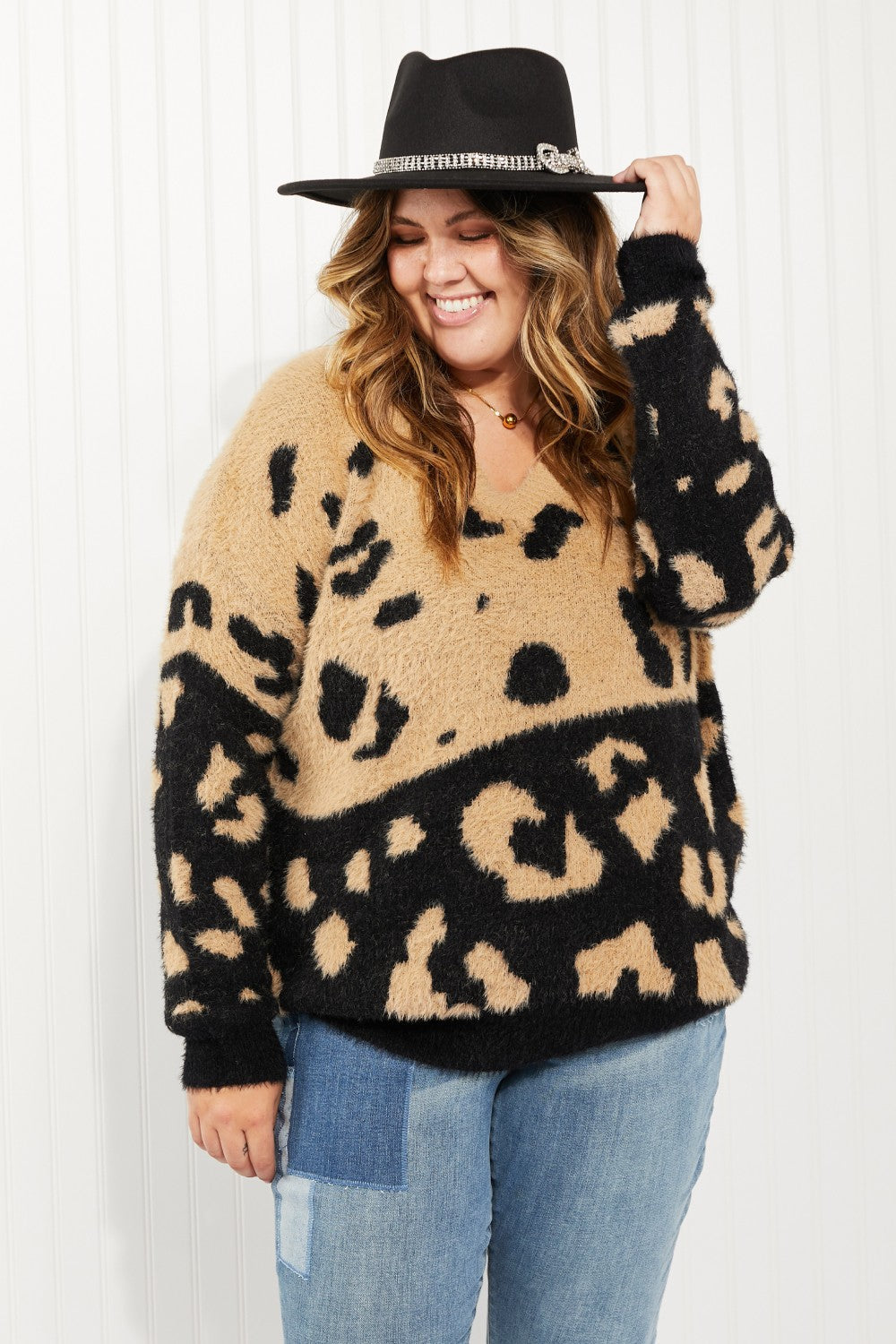 CY Fashion Full Size Leopard V-Neck Fuzzy Sweater