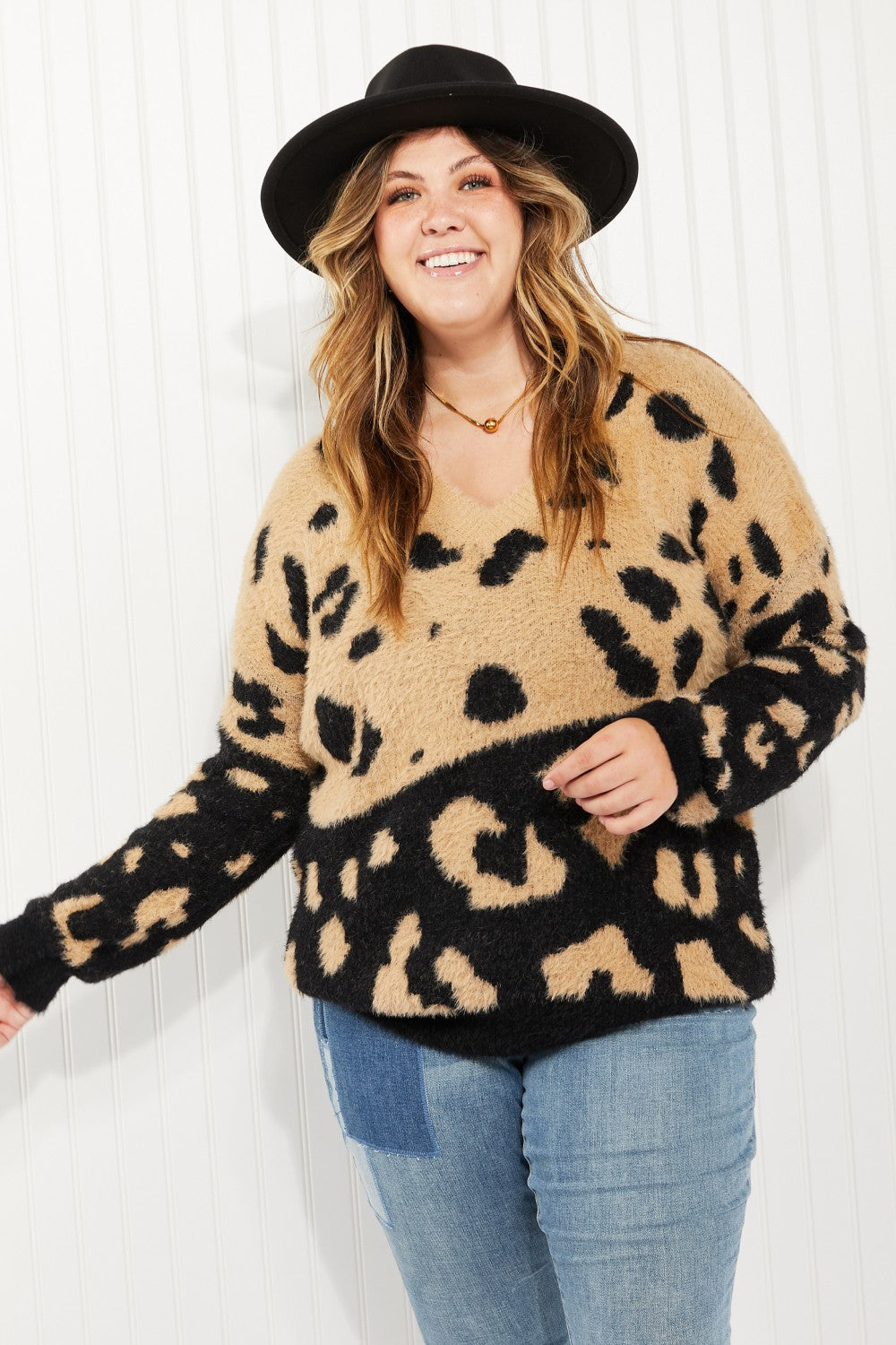 CY Fashion Full Size Leopard V-Neck Fuzzy Sweater