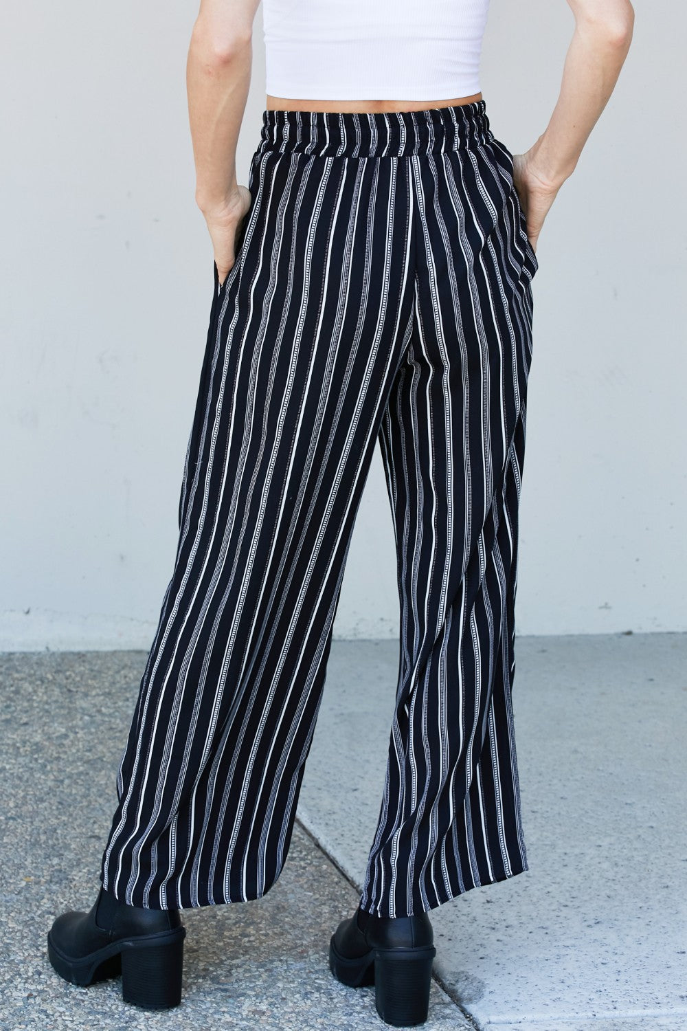 CY Fashion Full Size Striped Drawstring Waist Wide Leg Pants with Pockets