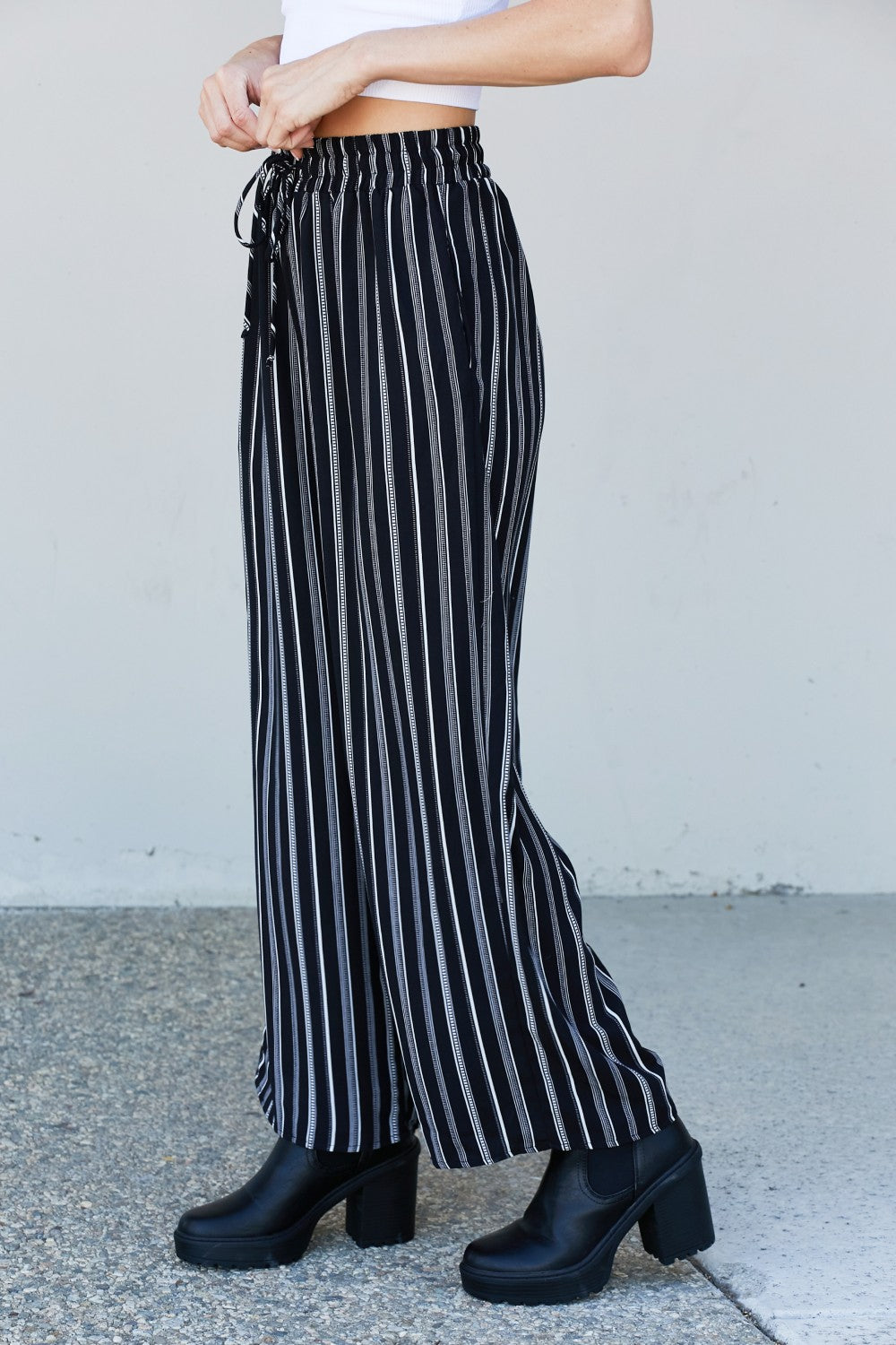 CY Fashion Full Size Striped Drawstring Waist Wide Leg Pants with Pockets