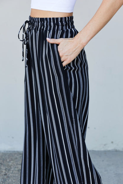 CY Fashion Full Size Striped Drawstring Waist Wide Leg Pants with Pockets