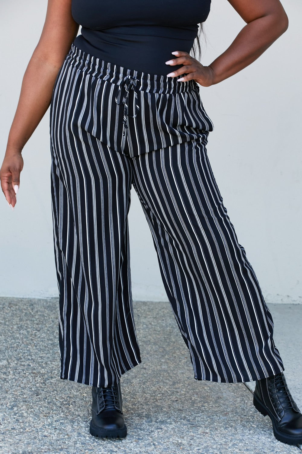 CY Fashion Full Size Striped Drawstring Waist Wide Leg Pants with Pockets