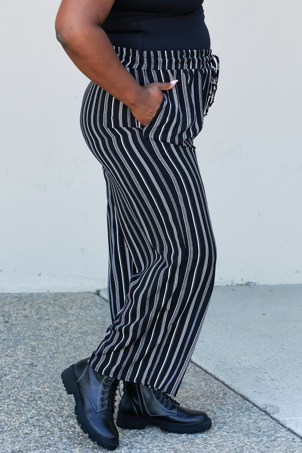 CY Fashion Full Size Striped Drawstring Waist Wide Leg Pants with Pockets