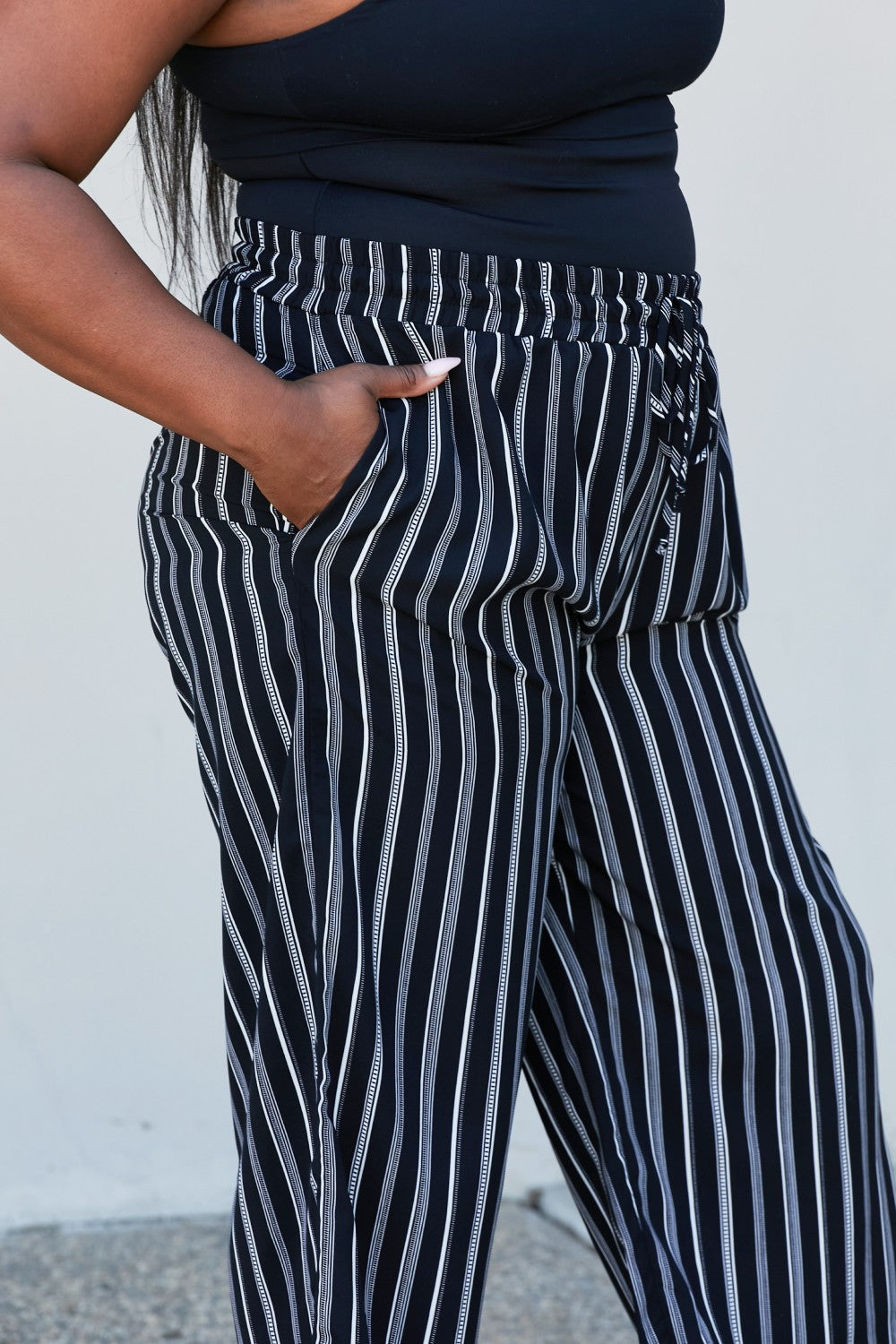CY Fashion Full Size Striped Drawstring Waist Wide Leg Pants with Pockets