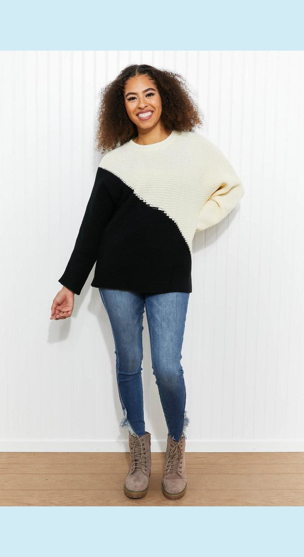 CY Fashion Half-and-Half Full Size Color Block Sweater