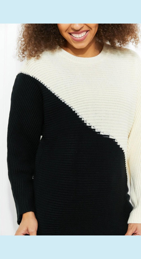 CY Fashion Half-and-Half Full Size Color Block Sweater