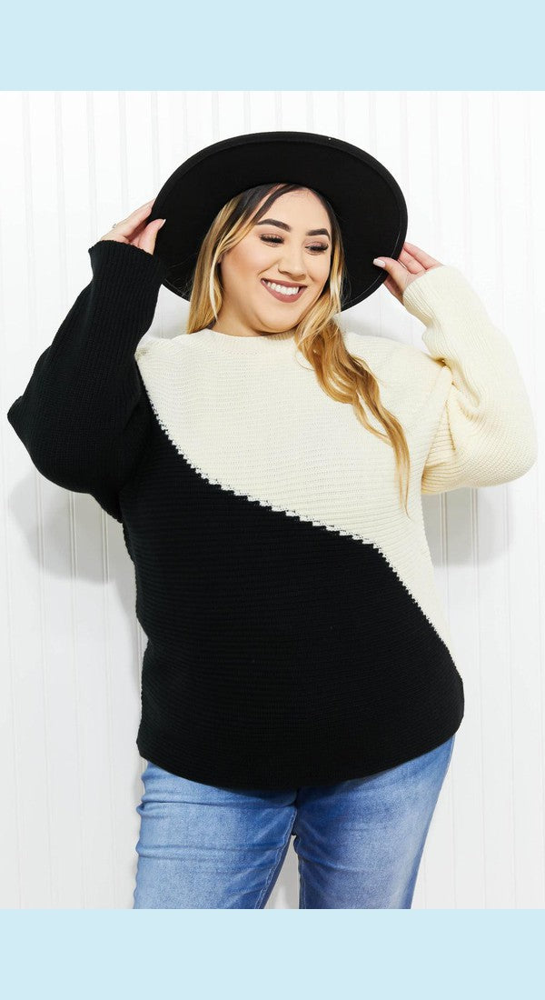 CY Fashion Half-and-Half Full Size Color Block Sweater