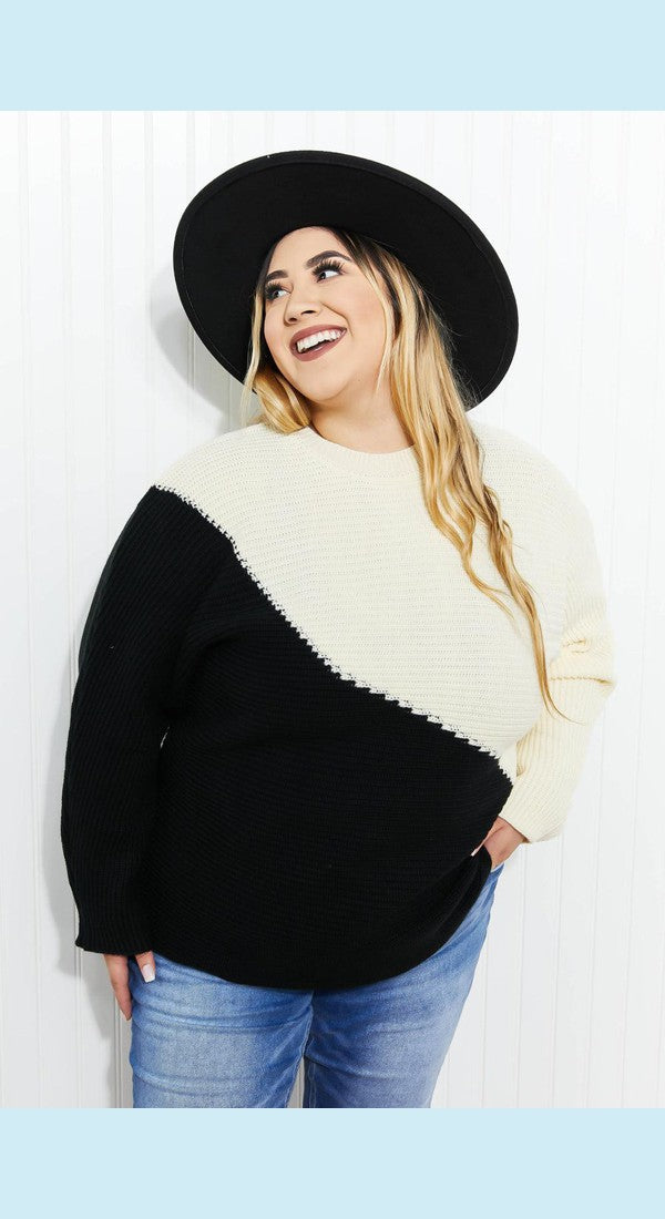 CY Fashion Half-and-Half Full Size Color Block Sweater