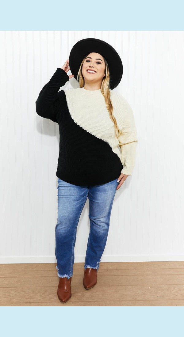 CY Fashion Half-and-Half Full Size Color Block Sweater