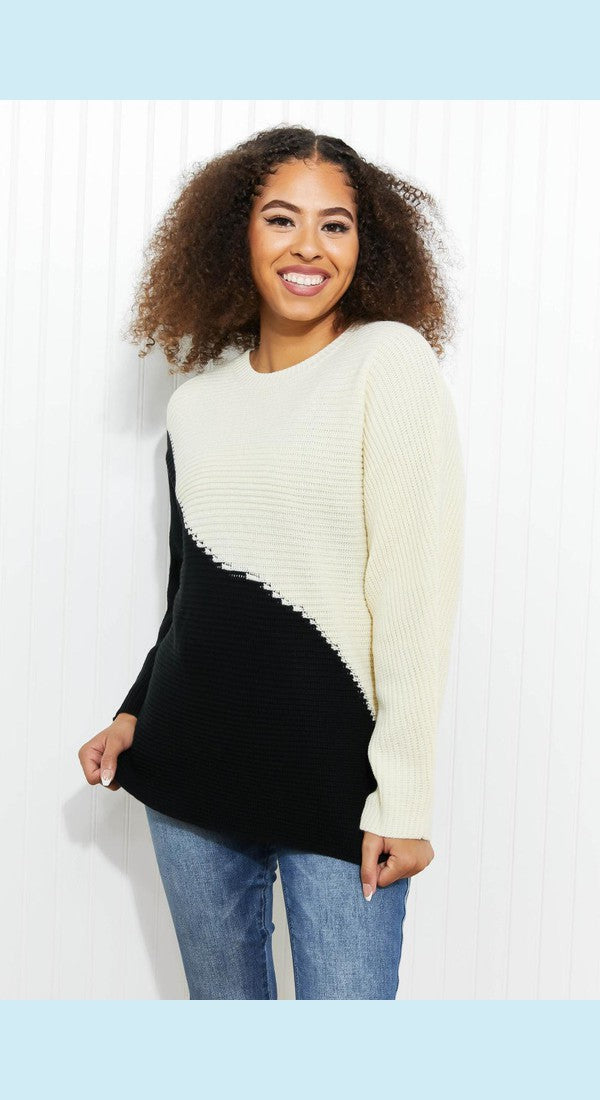 CY Fashion Half-and-Half Full Size Color Block Sweater