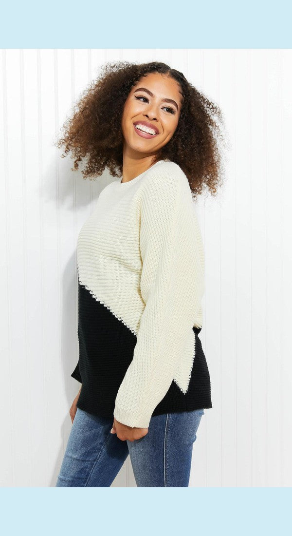 CY Fashion Half-and-Half Full Size Color Block Sweater