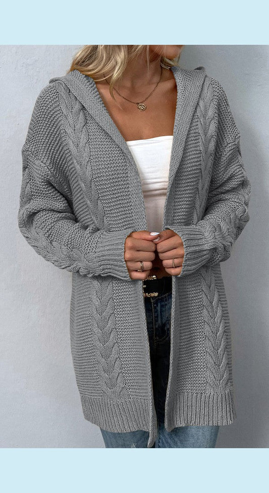 Cable-Knit Dropped Shoulder Hooded Cardigan