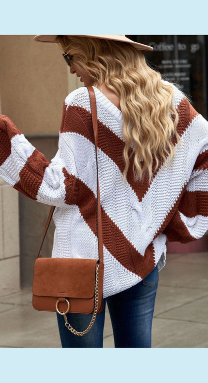 Chevron Cable-Knit V-Neck Tunic Sweater