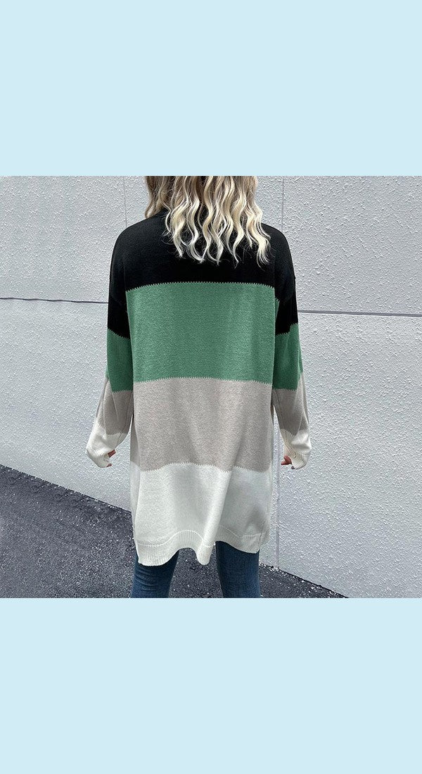 Color Block Ribbed Trim Open Front Longline Cardigan