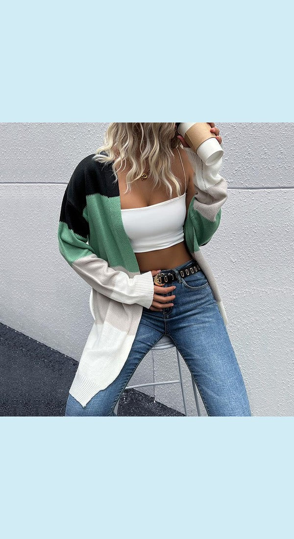 Color Block Ribbed Trim Open Front Longline Cardigan