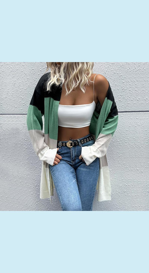 Color Block Ribbed Trim Open Front Longline Cardigan