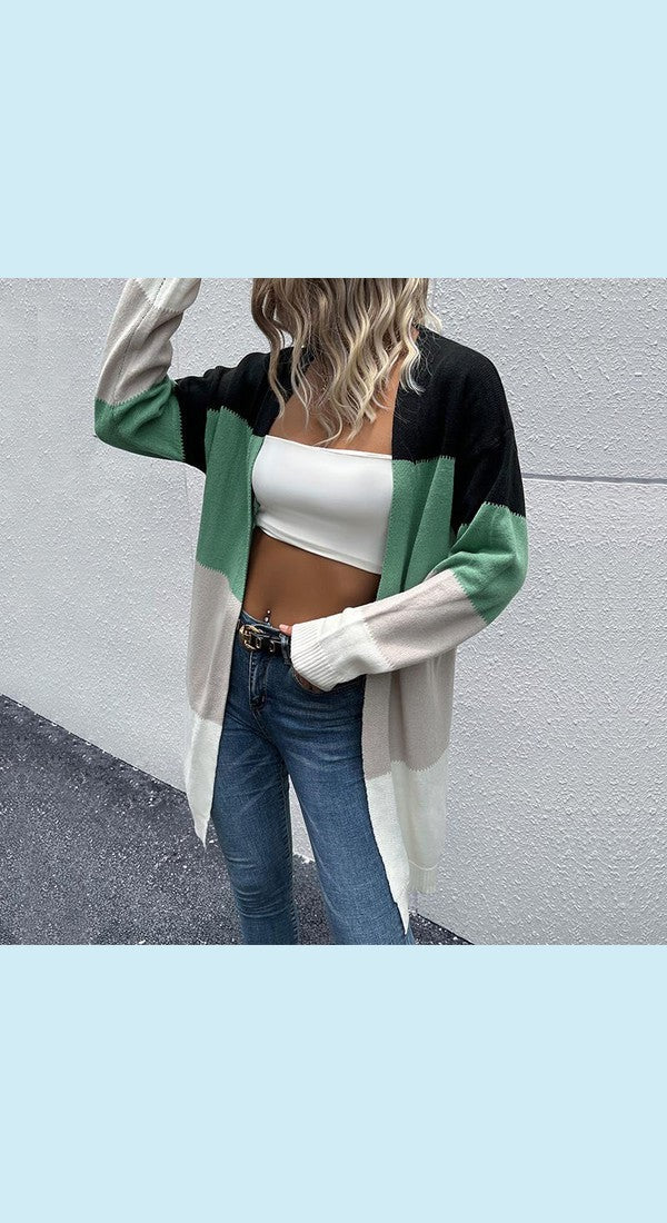 Color Block Ribbed Trim Open Front Longline Cardigan