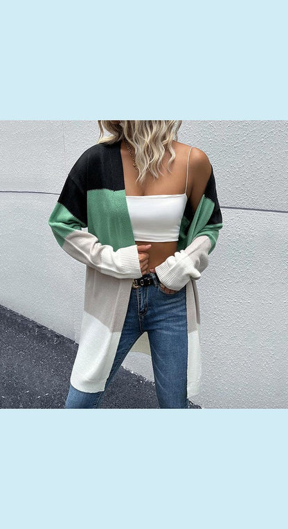 Color Block Ribbed Trim Open Front Longline Cardigan