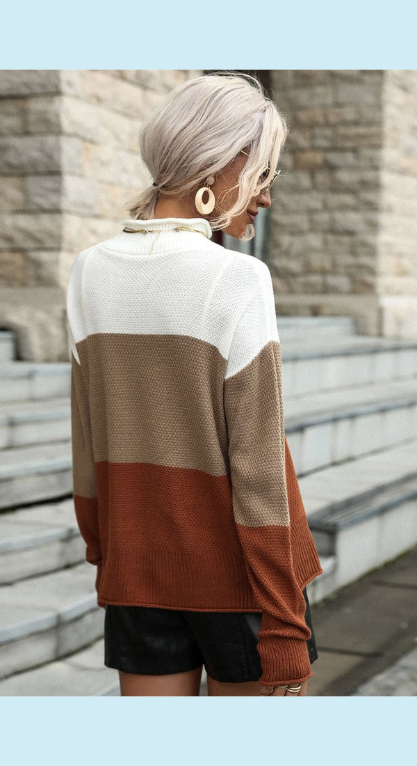 Color Block Tricolor Roll Hem Sweater