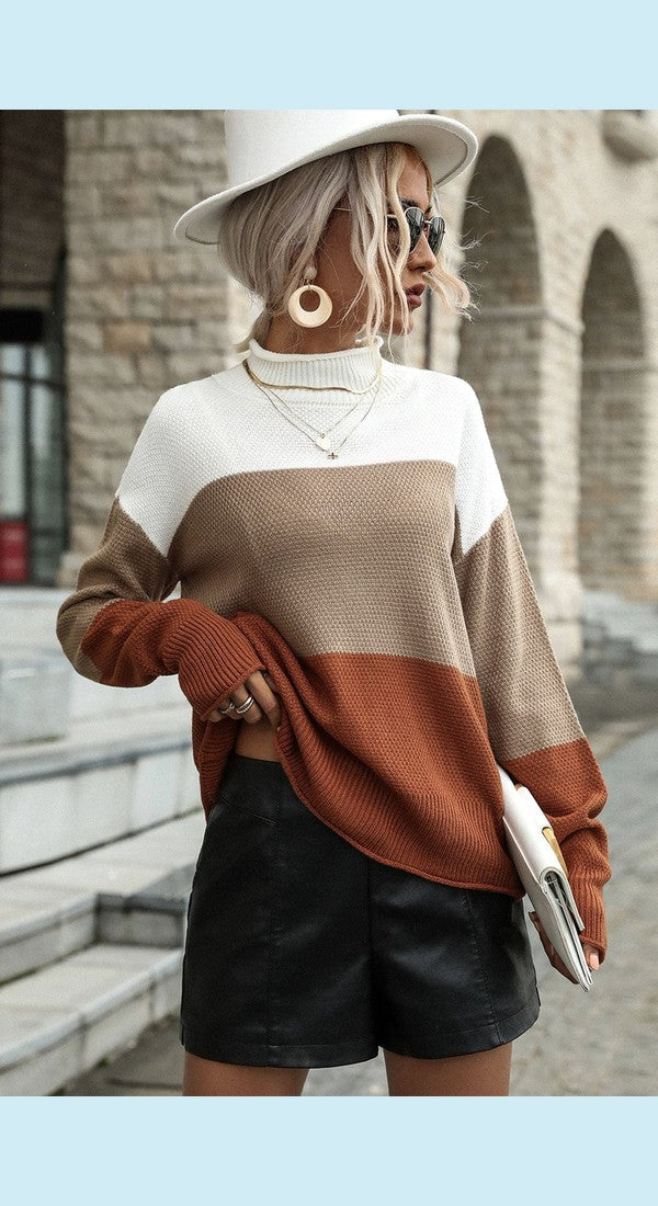 Color Block Tricolor Roll Hem Sweater