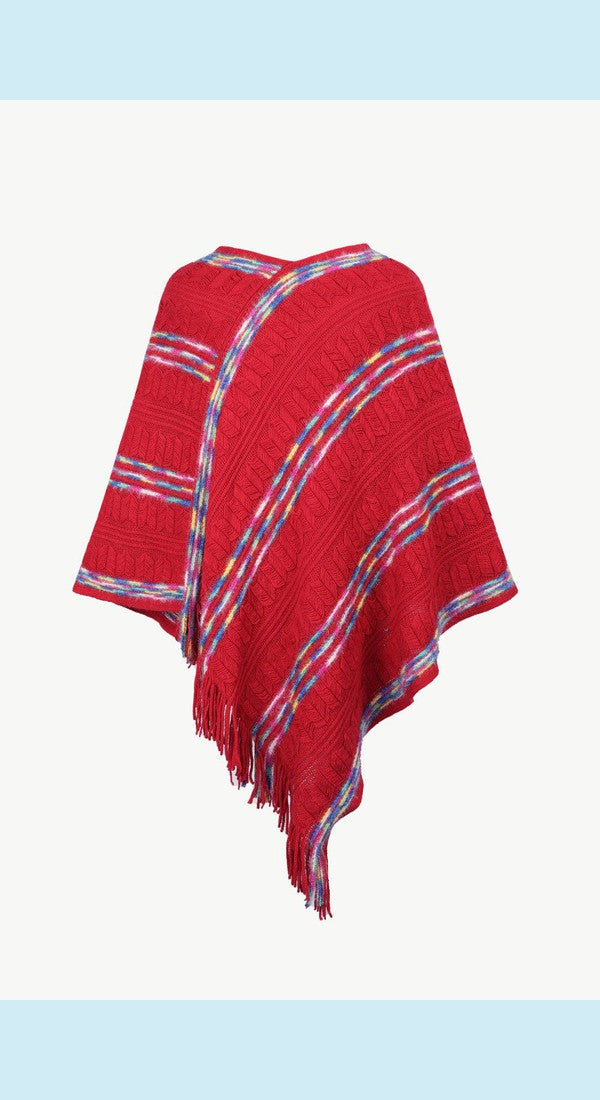 Colorful Stripe V-Neck Asymmetrical Fringe Hem Poncho