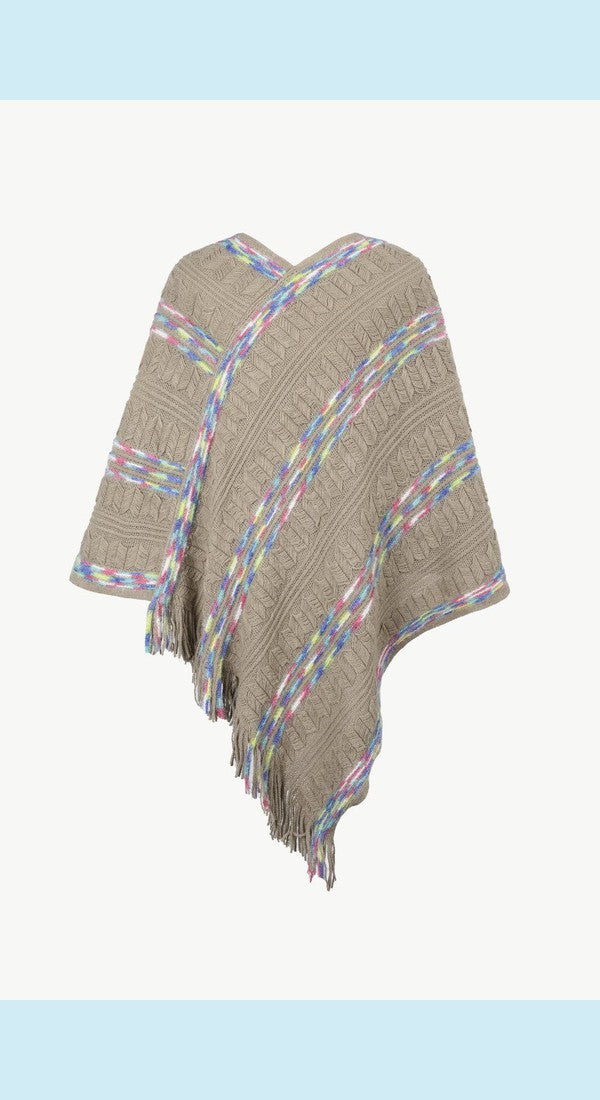 Colorful Stripe V-Neck Asymmetrical Fringe Hem Poncho