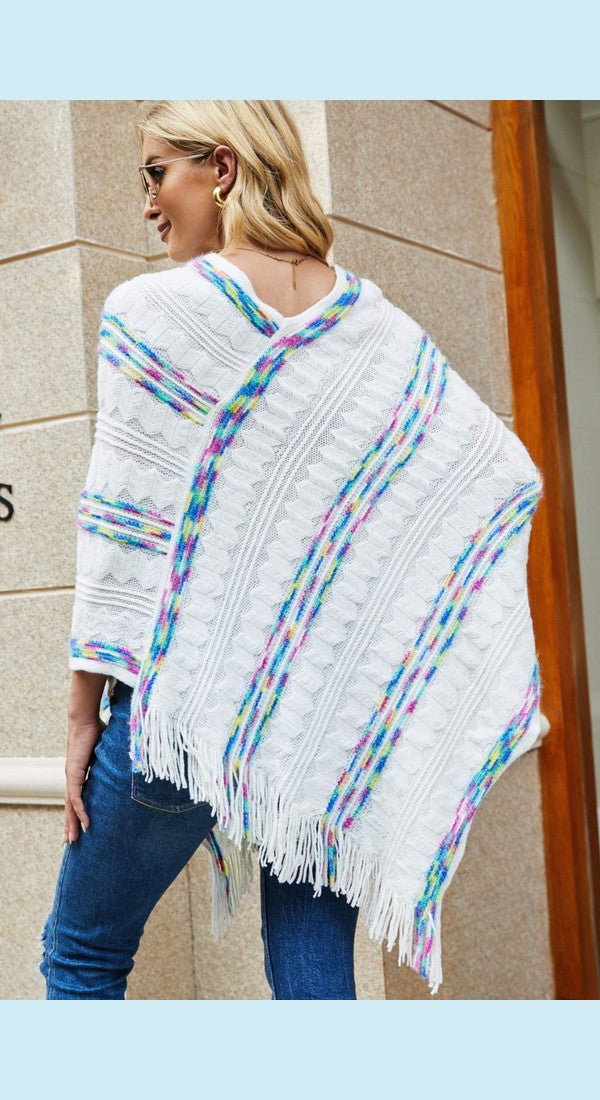 Colorful Stripe V-Neck Asymmetrical Fringe Hem Poncho