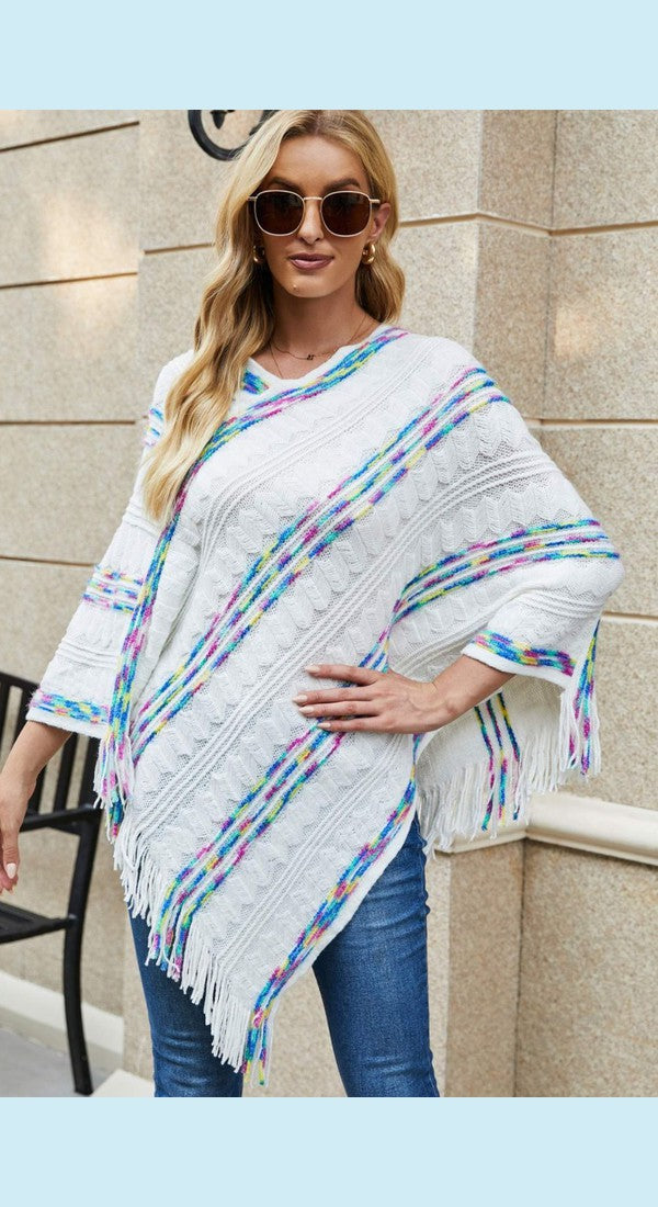 Colorful Stripe V-Neck Asymmetrical Fringe Hem Poncho