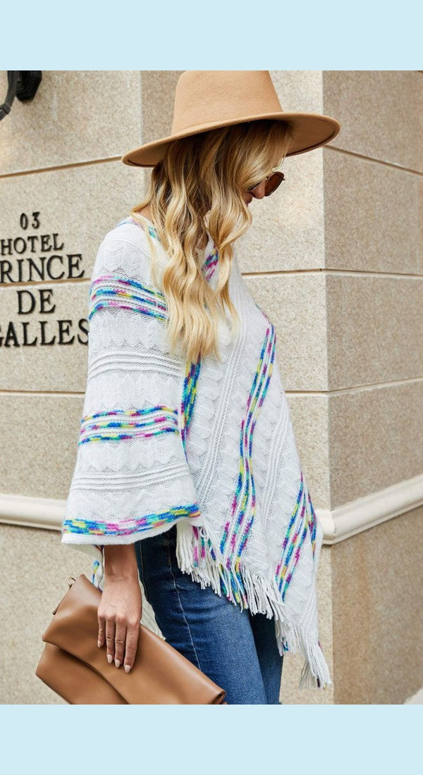 Colorful Stripe V-Neck Asymmetrical Fringe Hem Poncho