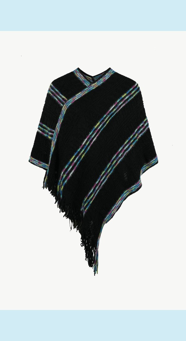 Colorful Stripe V-Neck Asymmetrical Fringe Hem Poncho