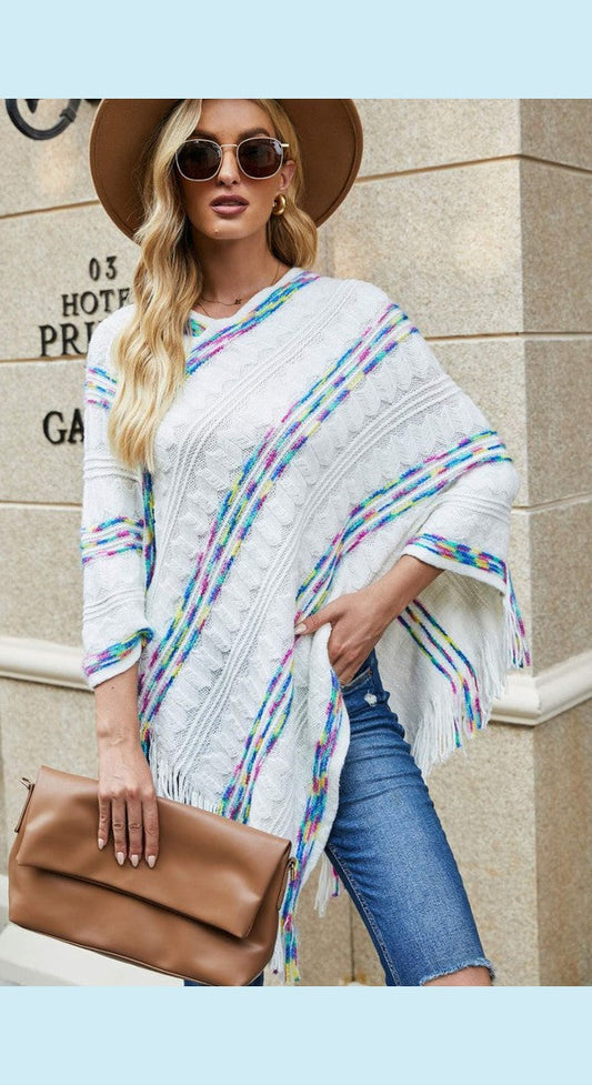 Colorful Stripe V-Neck Asymmetrical Fringe Hem Poncho