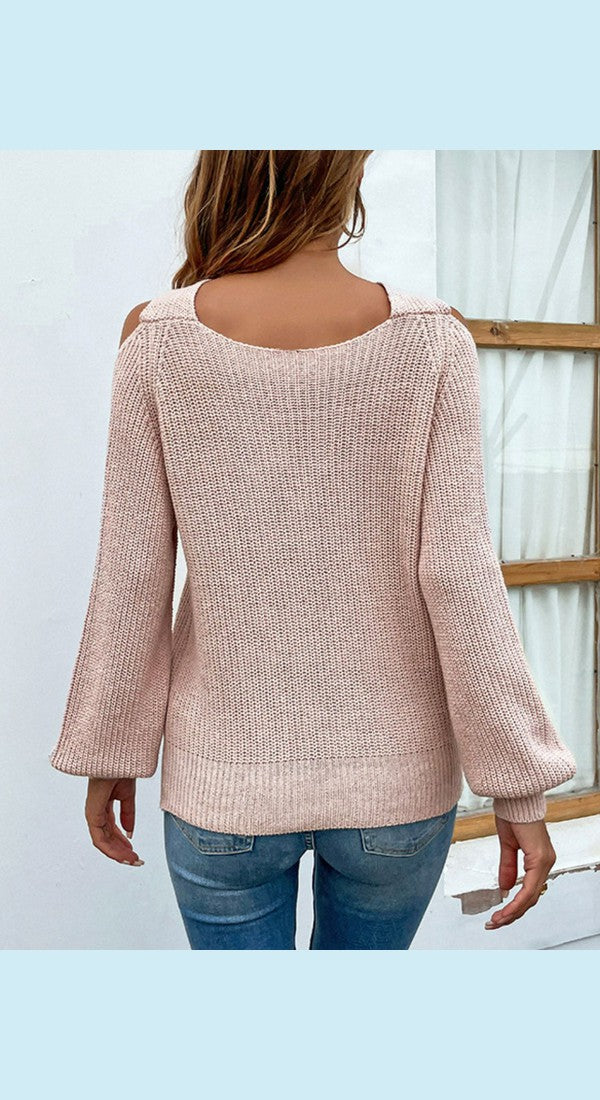 Crisscross Cold-Shoulder Rib-Knit Sweater