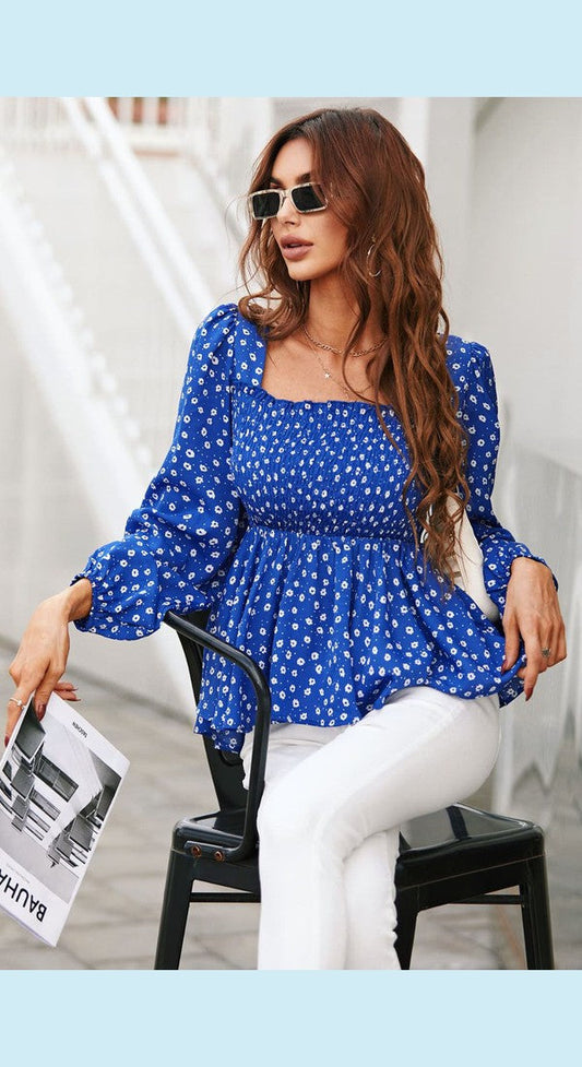 Ditsy Floral Smocked Square Neck Peplum Blouse