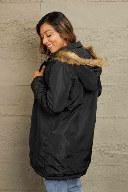 Double Take Neck Trim Hooded Puffer Jacket