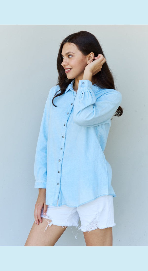 Doublju Blue Jean Baby Denim Button Down Shirt Top in Light Blue