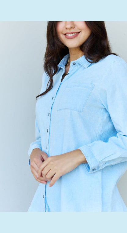 Doublju Blue Jean Baby Denim Button Down Shirt Top in Light Blue