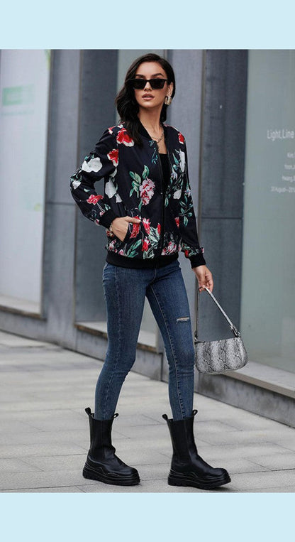 Floral Ribbed Trim Bomber Jacket