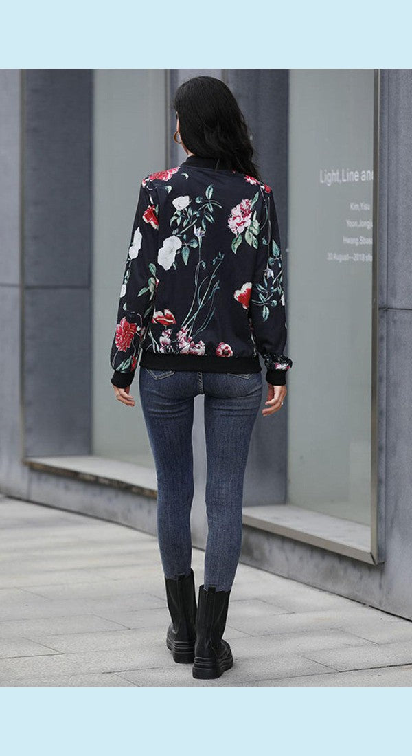 Floral Ribbed Trim Bomber Jacket