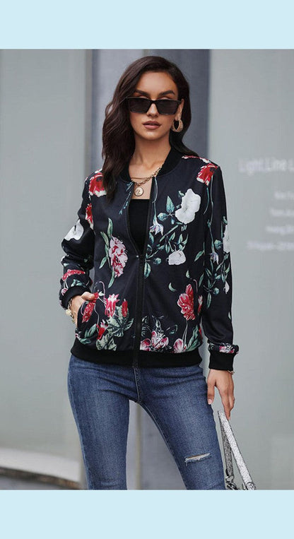 Floral Ribbed Trim Bomber Jacket