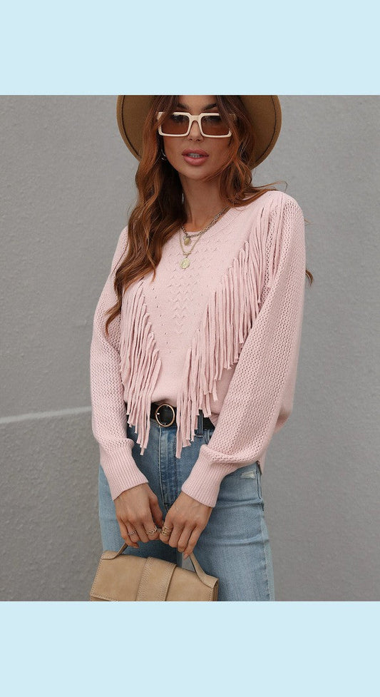 Fringe Detail Ribbed Trim Sweater