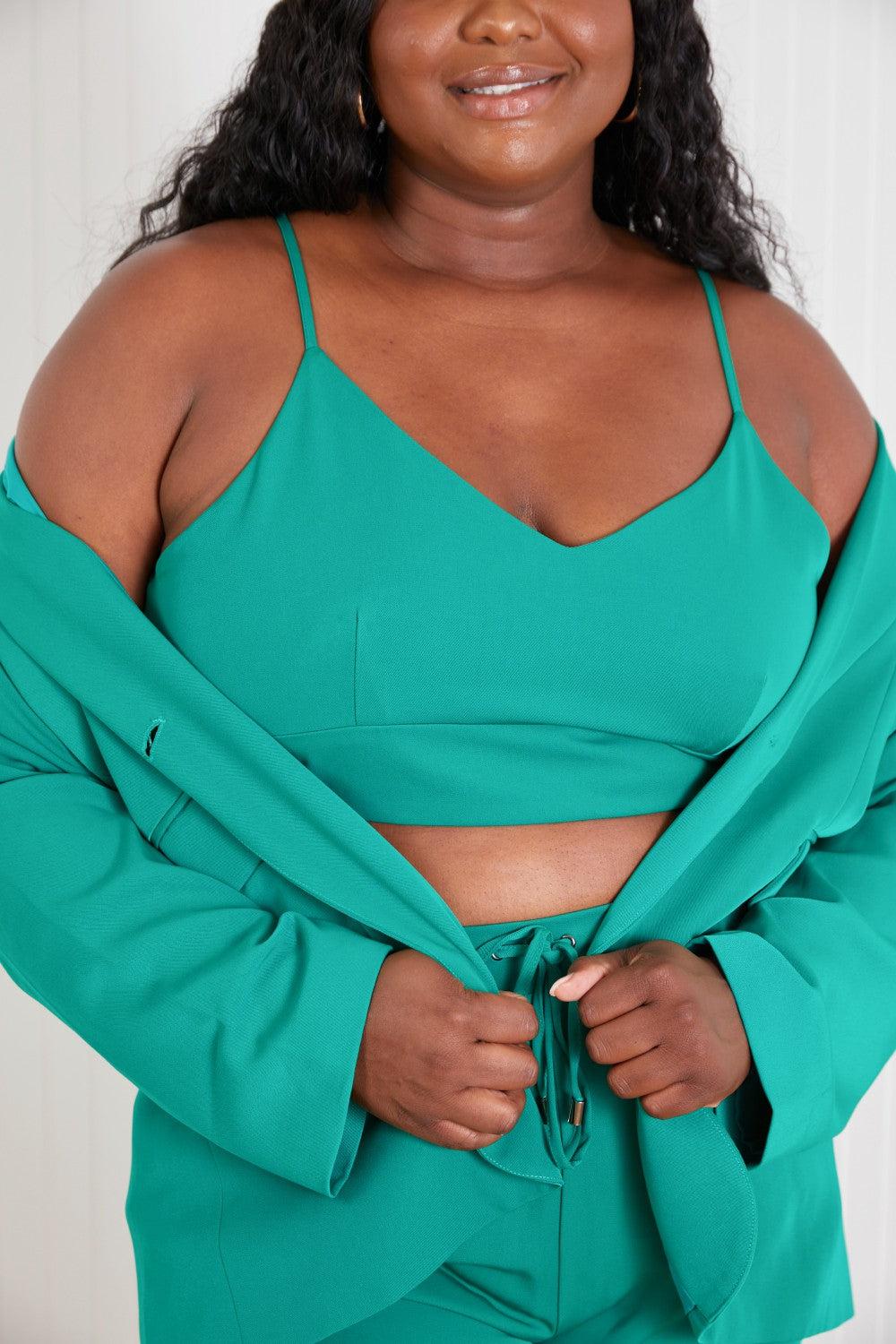 GeeGee Wall Street Full Size Bra, Blazer, and Pants Set in Kelly Green